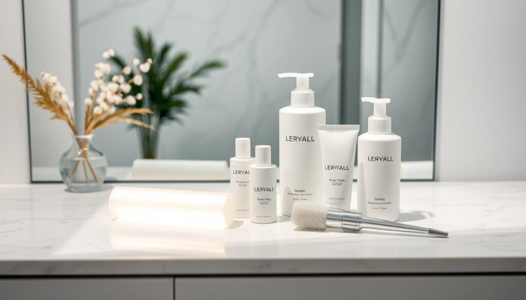 Uma imagem sofisticada de um kit de neutralização capilar profissional em uma bancada de mármore branca, com iluminação suave e zen.