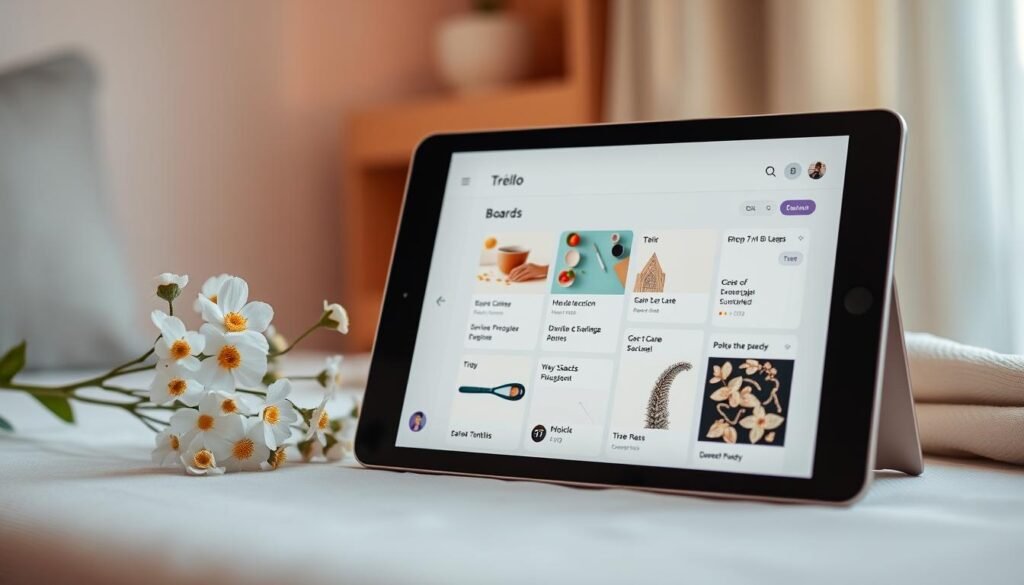 Uma interface digital elegante e minimalista do Trello em um tablet, exibindo quadros organizados com cores pastéis, flores delicadas ao lado do dispositivo e uma iluminação suave de fim de tarde, estilo lifestyle feminino e acolhedor.
