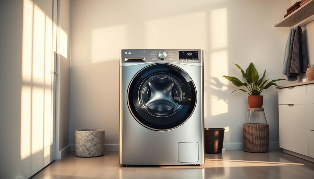 Uma lavanderia moderna e iluminada com luz natural suave, apresentando uma lavadora prateada LG Turbowash 360 AI DD em destaque, decoração minimalista brasileira, atmosfera de limpeza e tecnologia doméstica avançada.