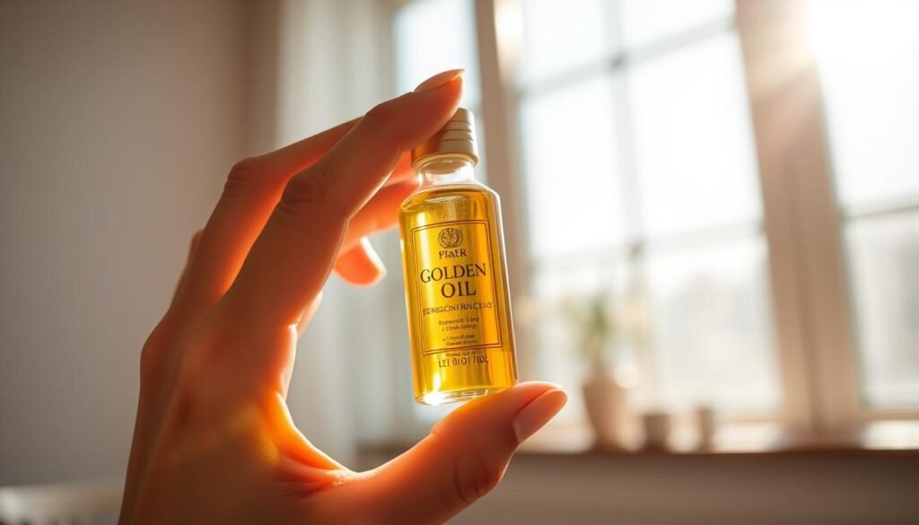 Uma mão feminina segurando um pequeno frasco de óleo dourado contra a luz do sol, destacando a transparência e o luxo do produto.