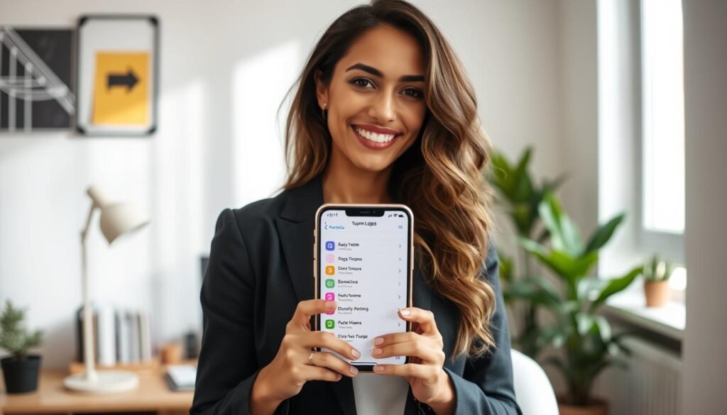 Uma mulher brasileira sorridente e tranquila em um escritório doméstico iluminado, segurando um smartphone que mostra uma lista de tarefas organizada com ícones coloridos e suaves, estilo fotografia lifestyle minimalista.