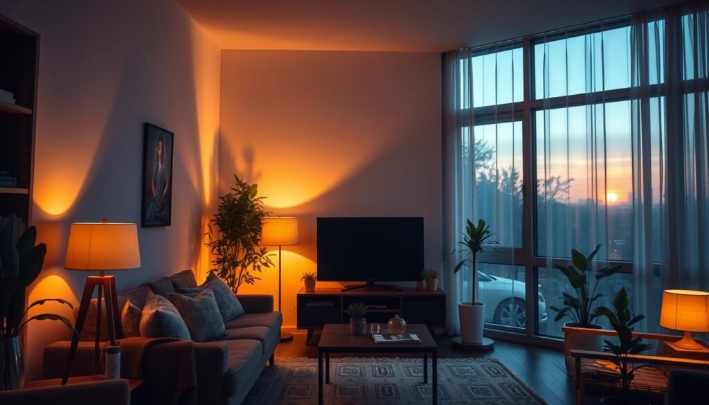 Uma sala de estar acolhedora ao entardecer, iluminada por lâmpadas inteligentes em tons de âmbar quente, criando sombras suaves em plantas de interior e móveis de madeira, estilo fotográfico realista e sereno.