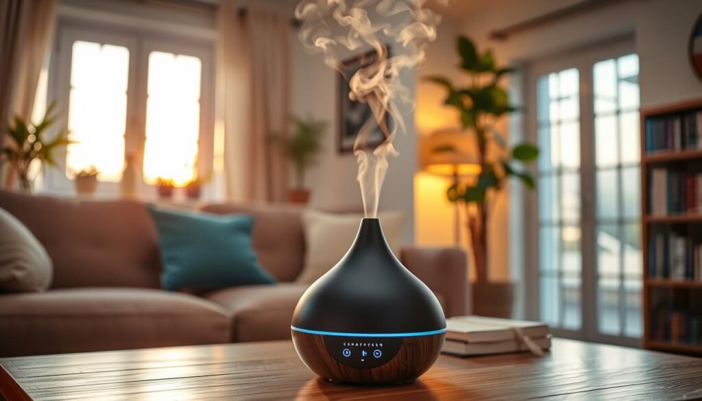 Uma sala de estar aconchegante ao entardecer, um difusor de aroma moderno liberando uma névoa suave, iluminação quente e acolhedora, plantas e livros ao fundo, foco no bem-estar e relaxamento.