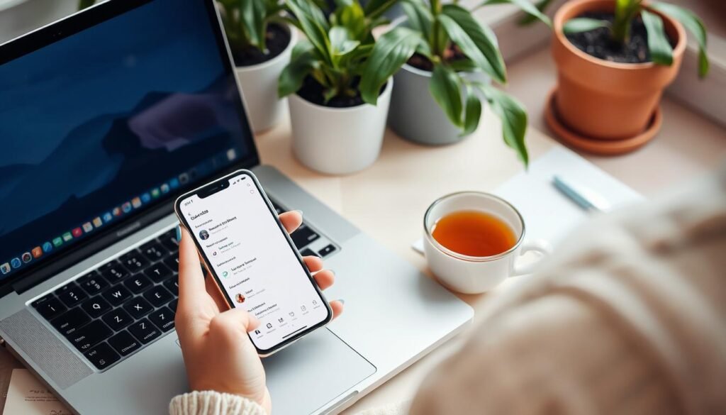 Uma visão serena de um espaço de trabalho feminino com um laptop e um smartphone exibindo anotações digitais organizadas, cercado por plantas e uma xícara de chá, estilo fotografia de estilo de vida suave e iluminada.