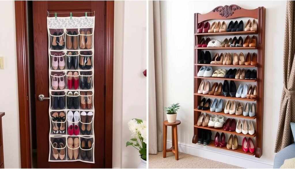 Vários modelos de sapateiras em um ambiente doméstico, incluindo uma sapateira de porta com bolsos transparentes e uma sapateira de parede de madeira elegante com diversos sapatos.